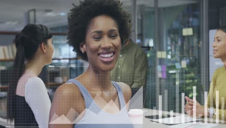 Animation-of-financial-data-processing-over-african-american-businesswoman-smiling