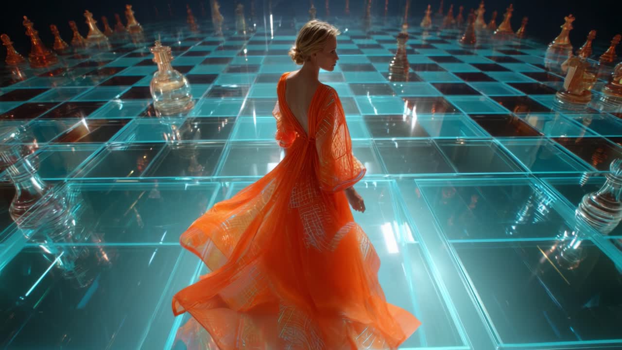 A mesmerizing scene unfolds with a gracefully dressed figure in an orange ensemble, elegantly swaying across a dazzling chessboard filled with intricate glass pieces, creating a captivating fusion of fashion and strategy