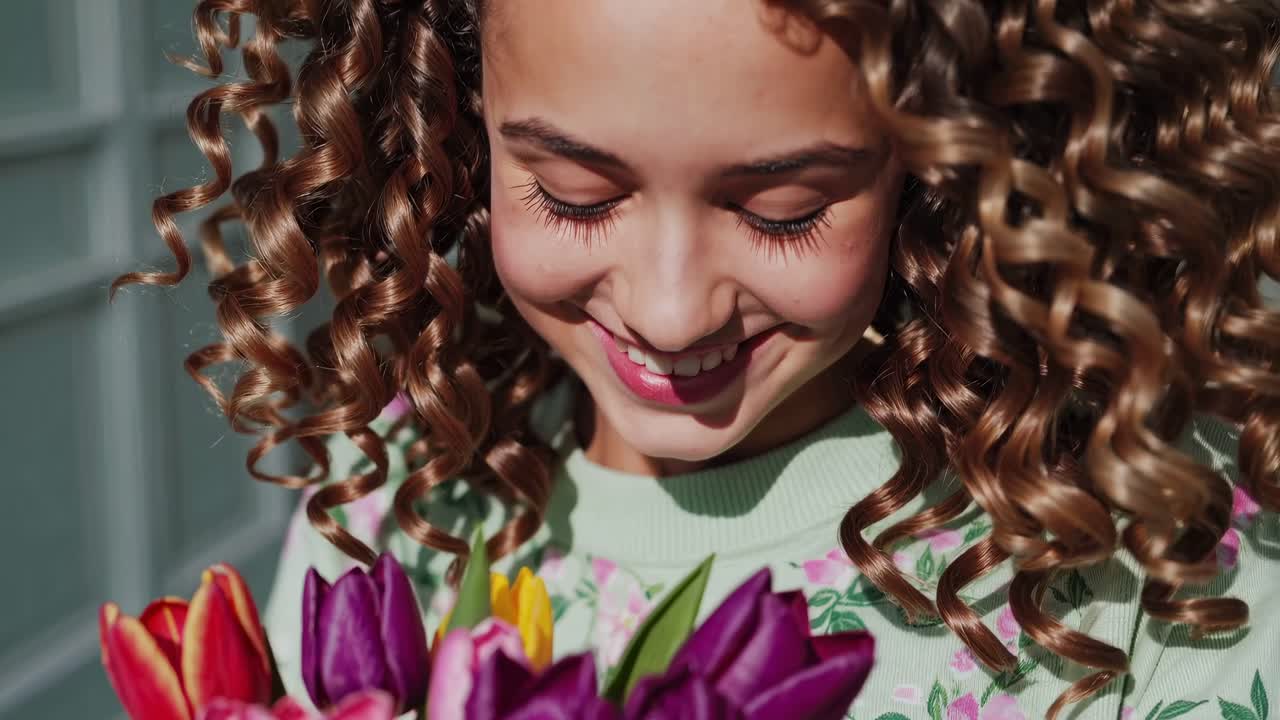 Il video cattura un momento di gioia mentre una giovane donna con i capelli ricci ammira un bouquet di tulipani