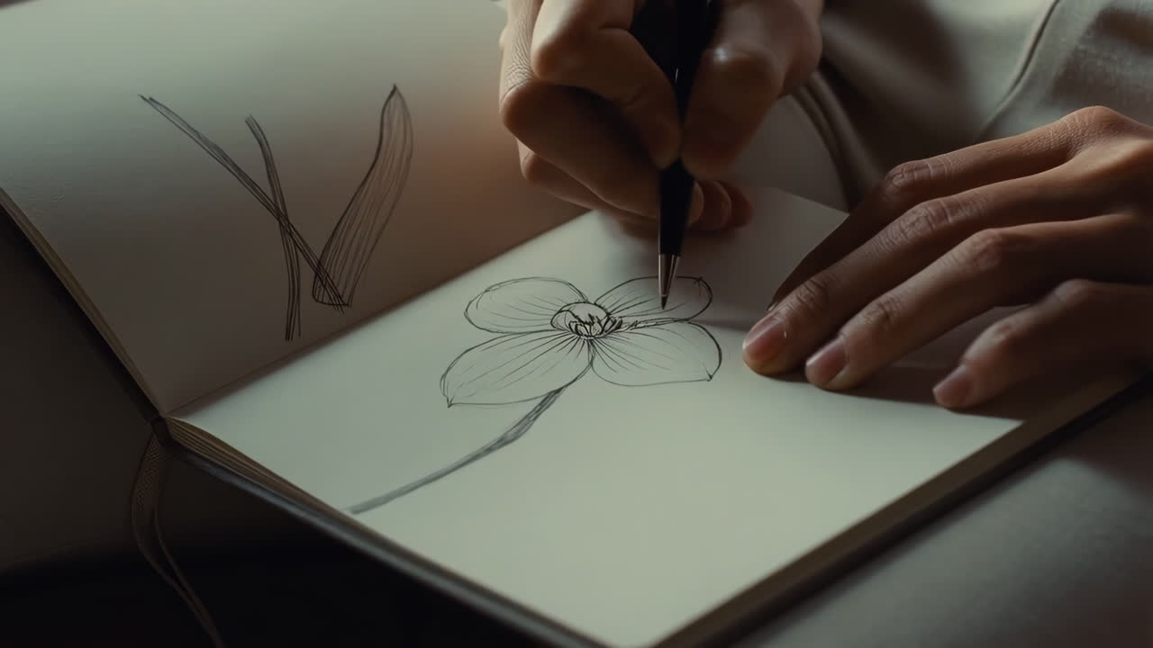 Close-up of hands drawing a flower in a sketchbook