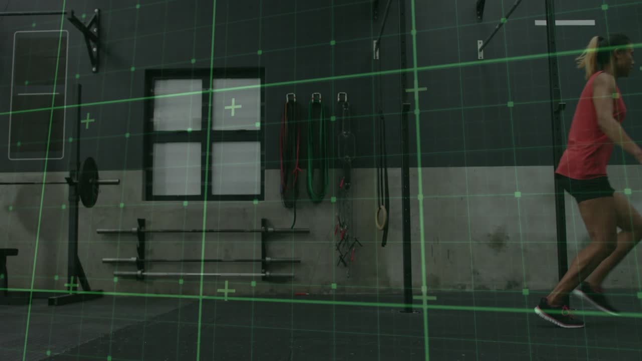 Female athlete entering from right, doing squat and lateral drill, grid tracking motion for fitness