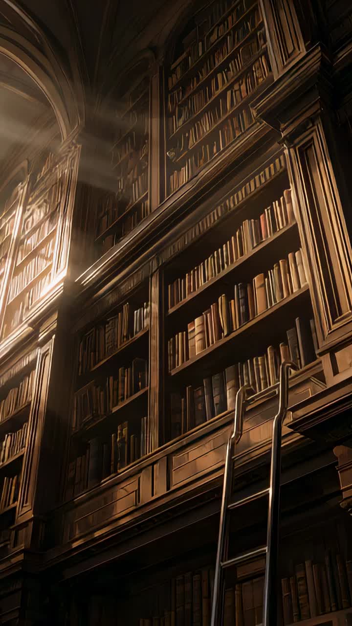 Vertical video: Tilting camera upward past tall wooden shelves at library, showing ladder and sun