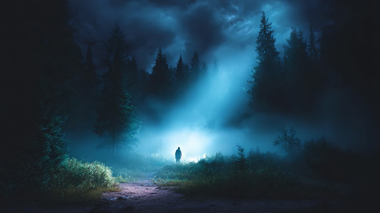 A solitary figure stands illuminated by a mysterious light in a dark, misty forest, where shadows dance among tall trees under a moody sky, creating an atmosphere of intrigue and introspection