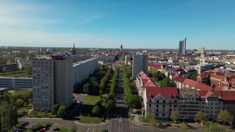 Panoramic-view-of-alley-in-Leipzig-with-the-MDR-tower-and-inner-city-in-the-background