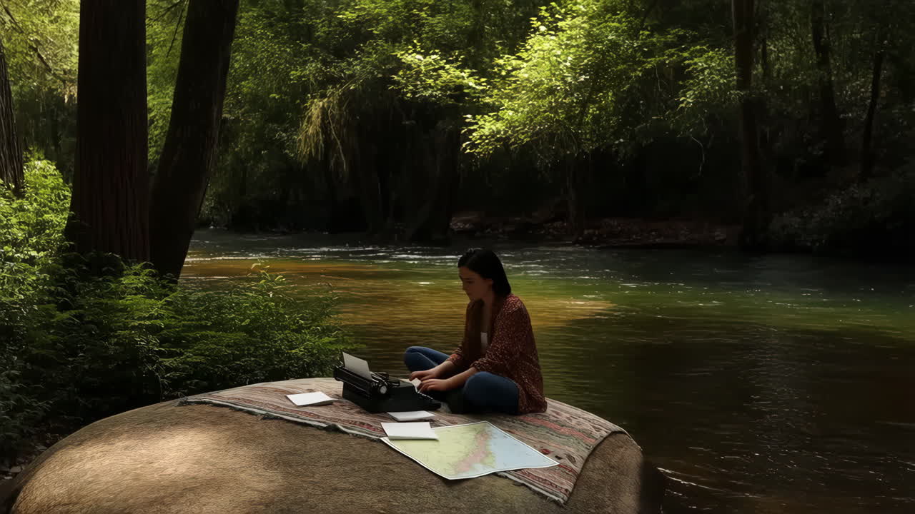 Donna che scrive su una macchina da scrivere vicino a un fiume in una foresta