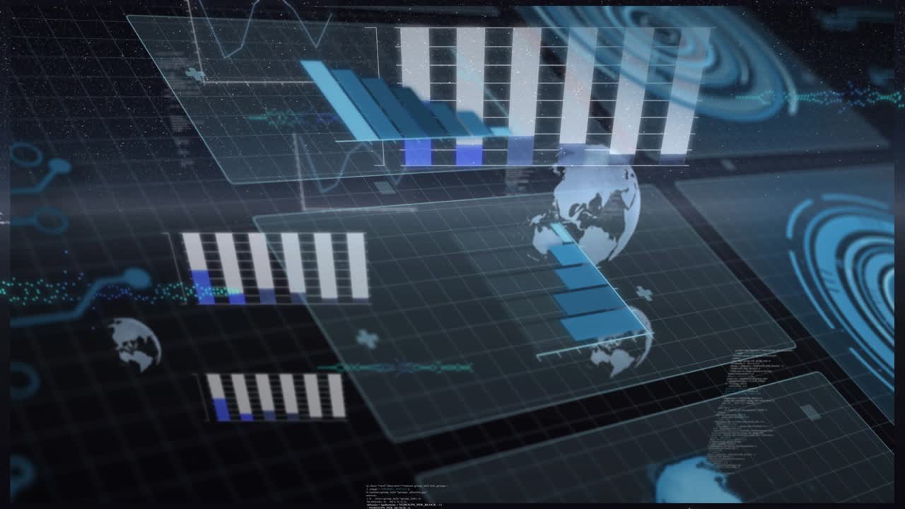 On start spawning grid holograms animating charts, rotating globe, scrolling text before white wipe