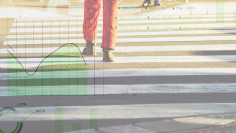 animation of financial data processing over zebra crossing in city street