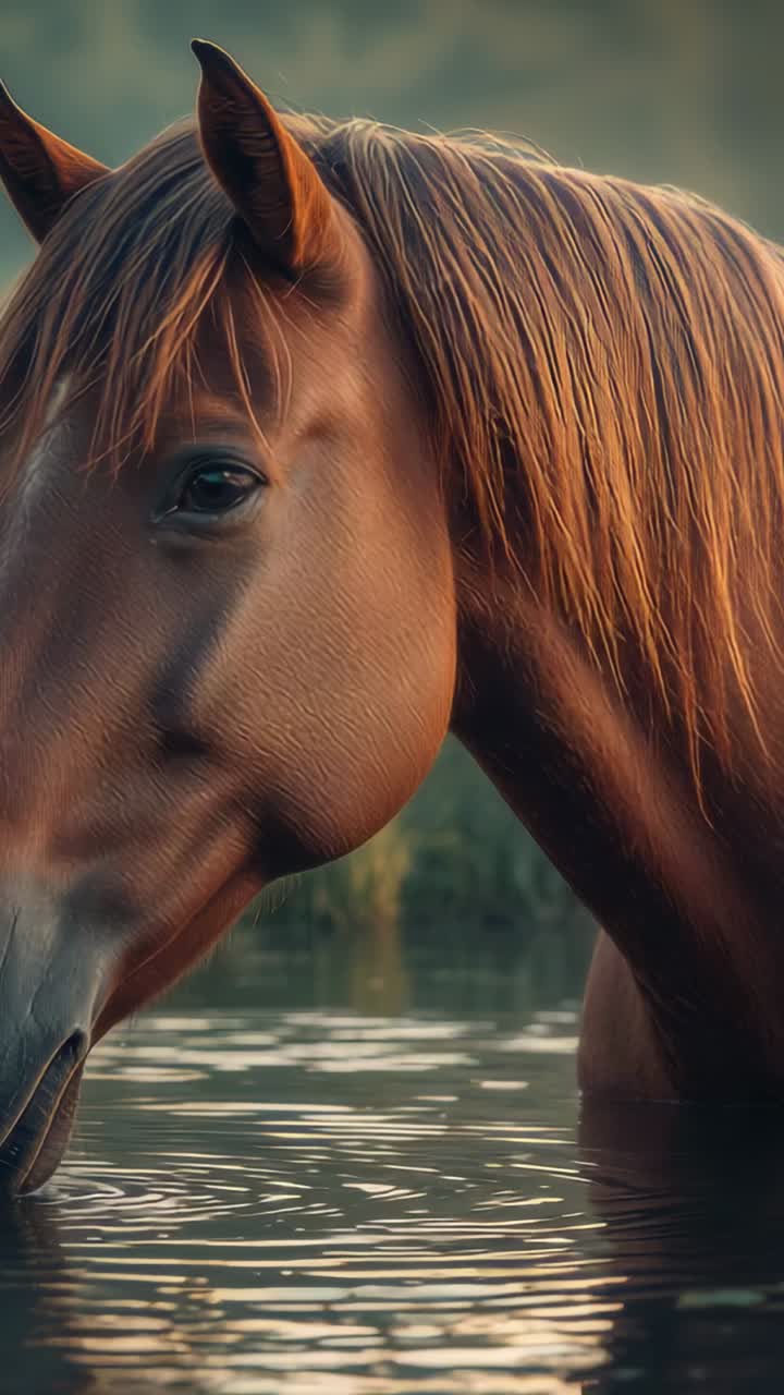 Vertical video: Muzzle touching water causing chestnut horse nudging and stepping into shallow pond