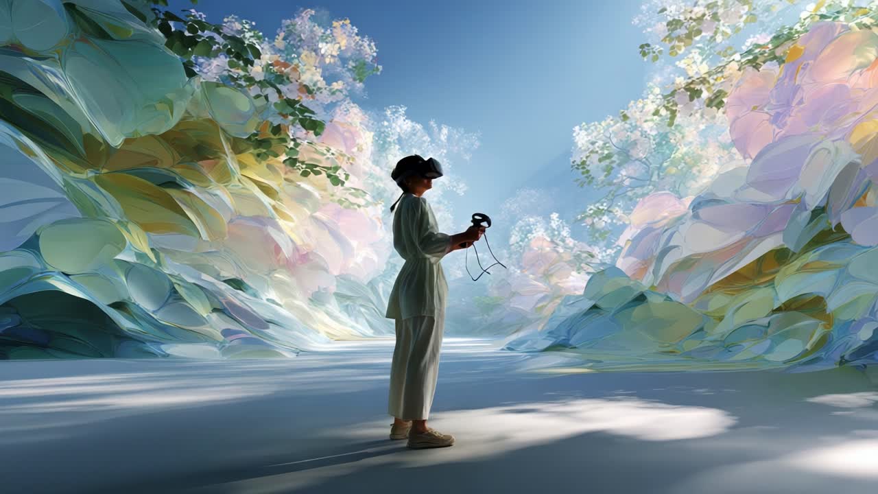 A person engaging with a vibrant virtual reality landscape, holding controllers while experiencing a colorful, immersive environment filled with abstract foliage and soft, glowing light