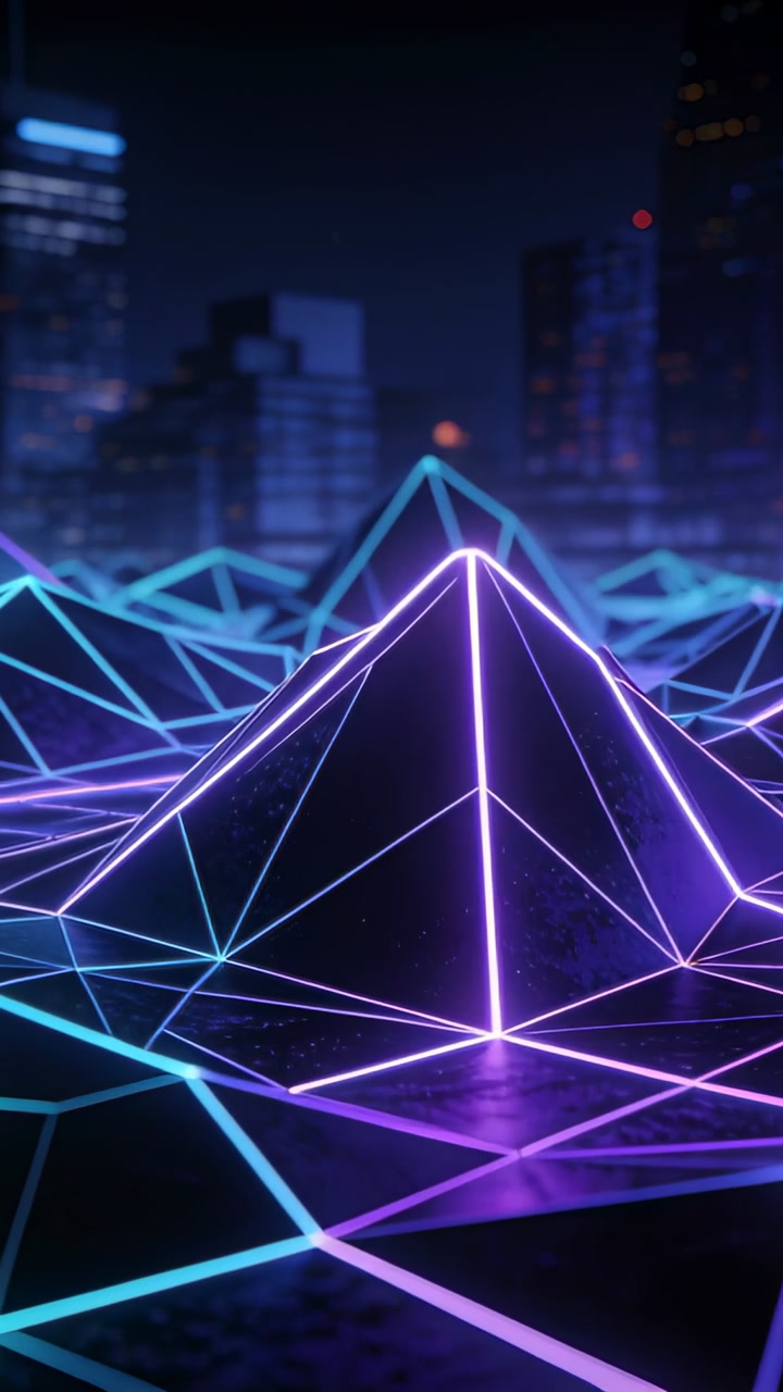 Vertical video: Pulling back camera revealing faceted pyramid with neon seam on grid to show depth