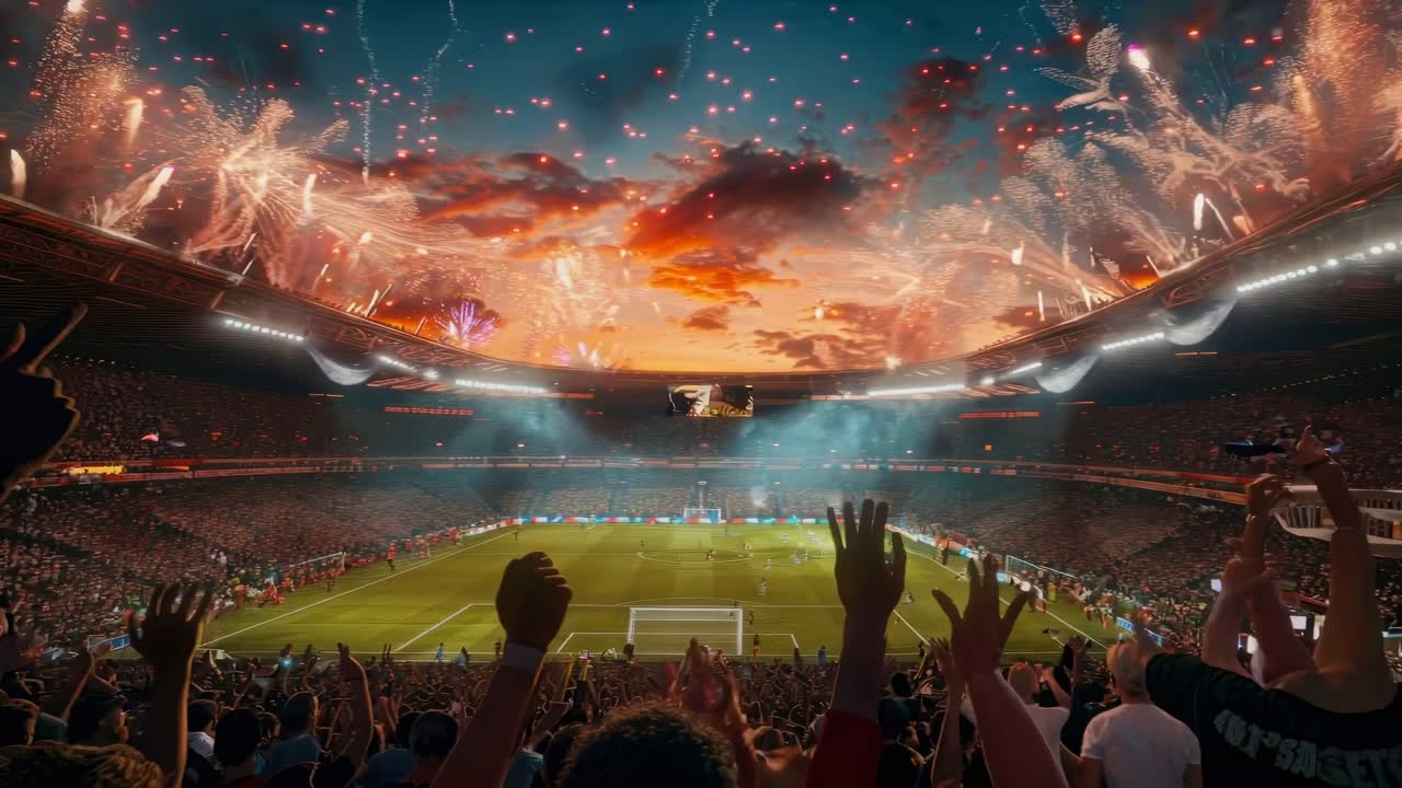 A wide-angle video captures a vibrant stadium filled with cheering fans, fireworks lighting