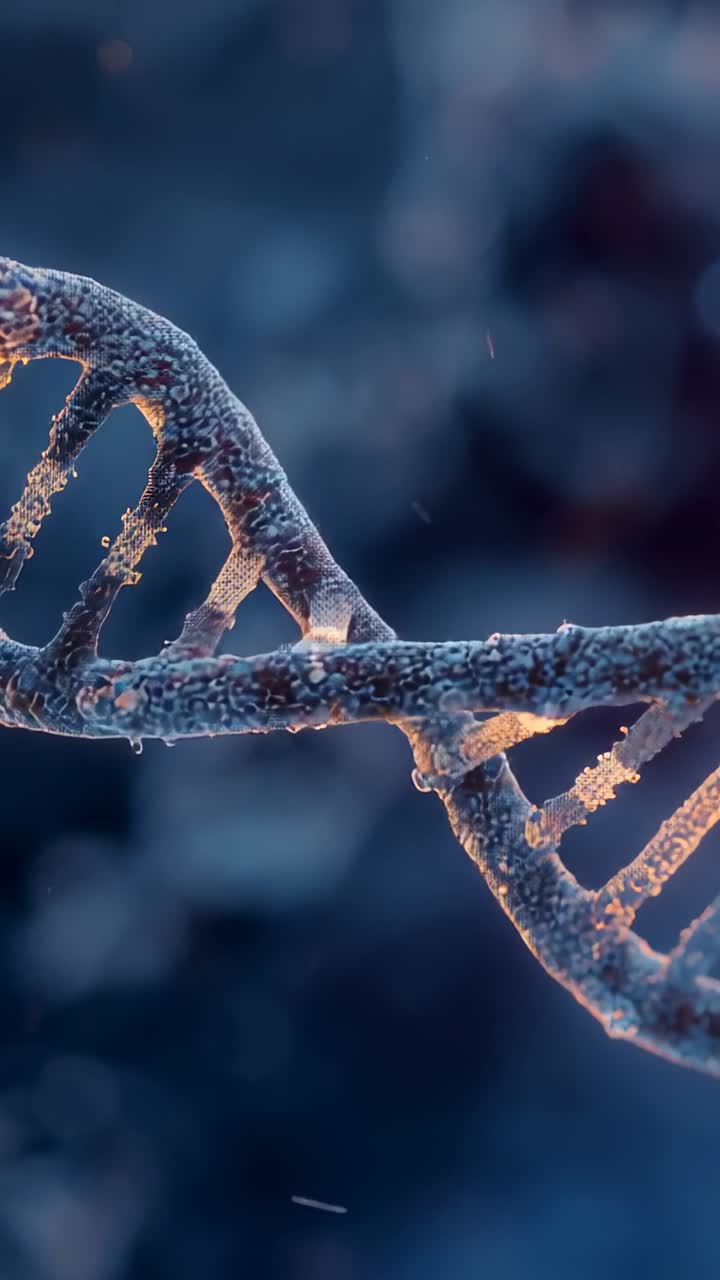 Video verticale: elica di DNA rotante che mostra gocce gelide in laboratorio con l'inizio della riproduzione, coppie di basi illuminate