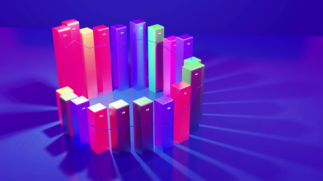 hermoso fondo en bucle 3d para programas analíticos con infografías abstractas, datos estadísticos. barras multicolores, contadores y gráficos. columnas 3d se mueven suavemente arriba y abajo en bucle. bg financiero