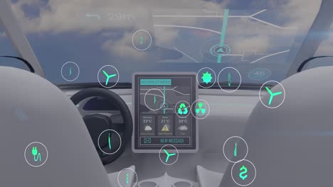 animation of network of eco and environmentally friendly icons over inside of the car