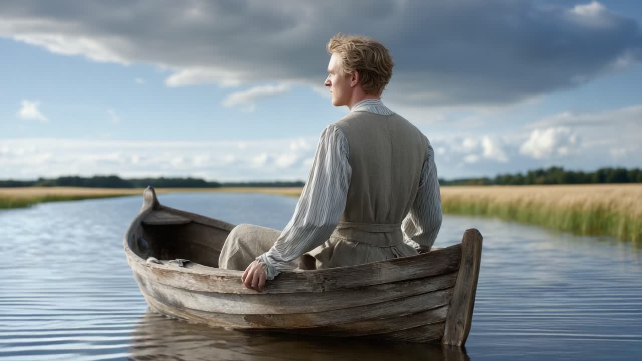 A solitary figure in a vintage boat navigates a tranquil river, surrounded by lush greenery and reflective waters beneath a dramatic sky, evoking a sense of peace and introspection
