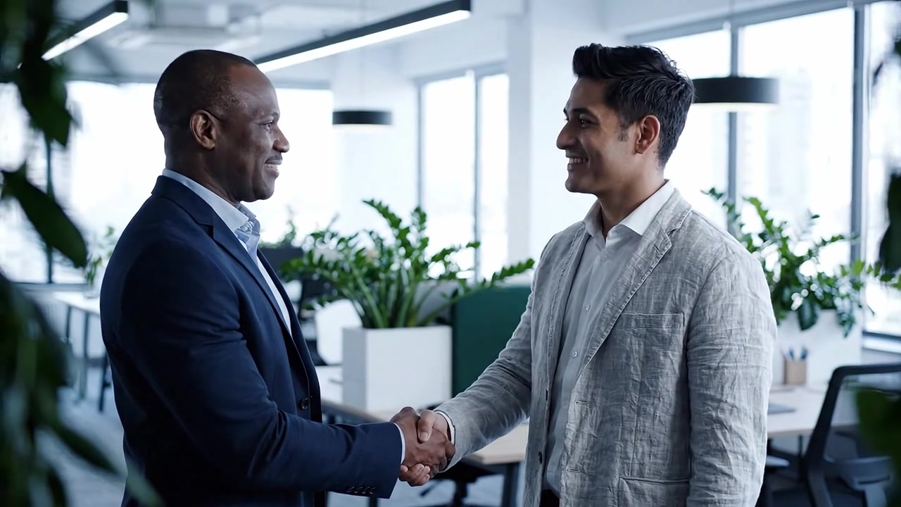A Professional Engagement: Two Businessmen Shaking Hands in a Modern Office Setting, Symbolizing Partnership and Collaboration in a Welcoming Environment
