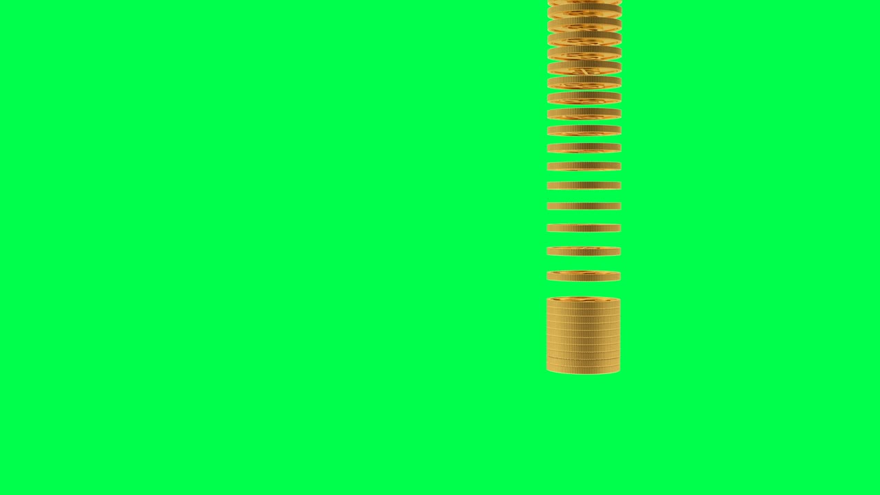 Animazione 3D di monete d'oro che cadono e si impilano in una pila, isolate su uno schermo verde. Video 4K