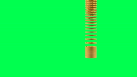 animación en 3d de monedas de oro cayendo y apilándose en una pila aislada en una pantalla verde.