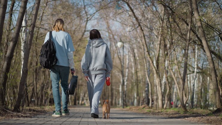 friends strolling outdoors, pair walking with their small dog, friends and their little canine journey through peaceful trail, male and female friend wander along serene path with dog and backpacks