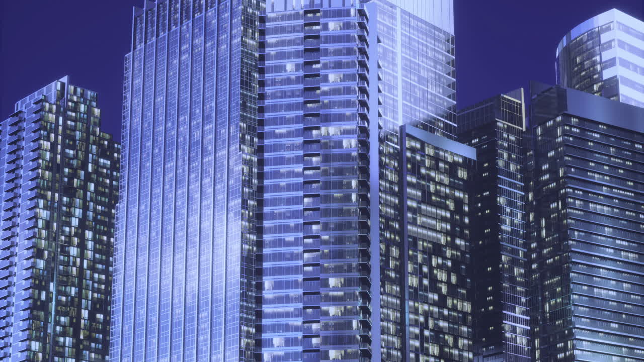 Urban skyline illuminated at night showcases modern architectural beauty