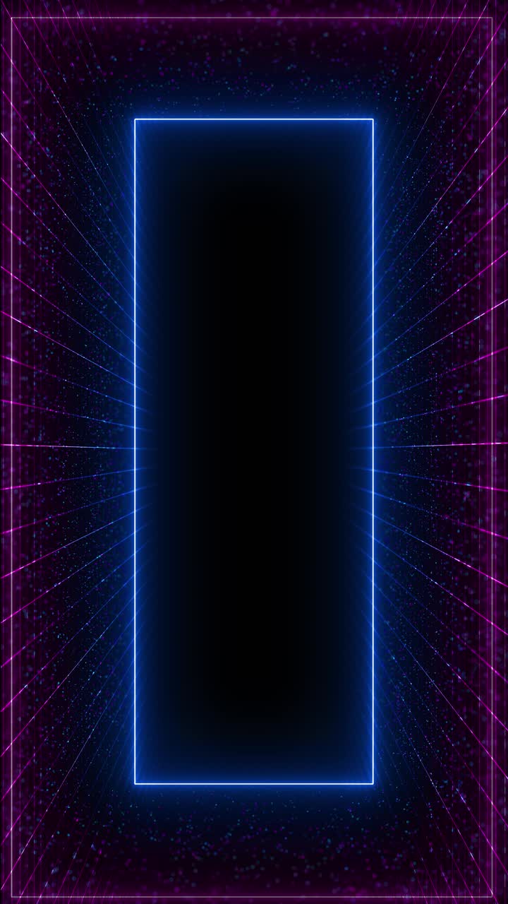 Vertical neon frame glowing particles floating over digital grid creates immersive perspective for