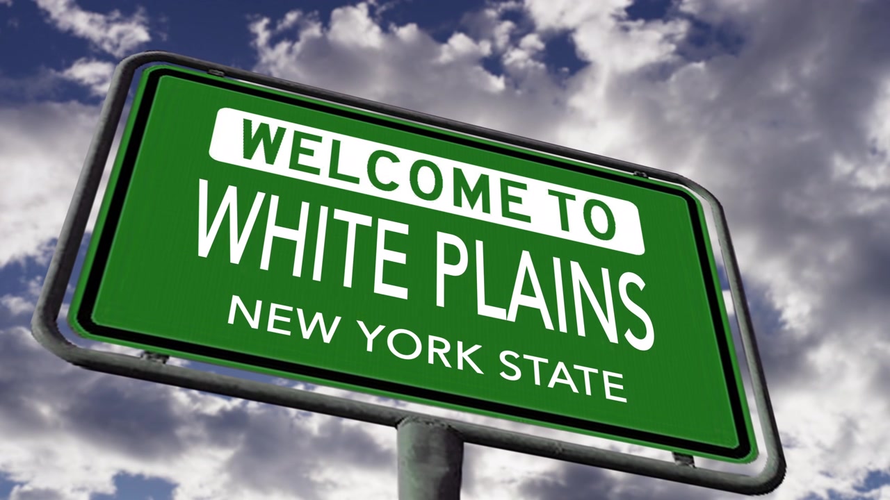Willkommen in White Plains, New York State. Nahaufnahme eines US-Stadtschilds, realistische 3D-Animation