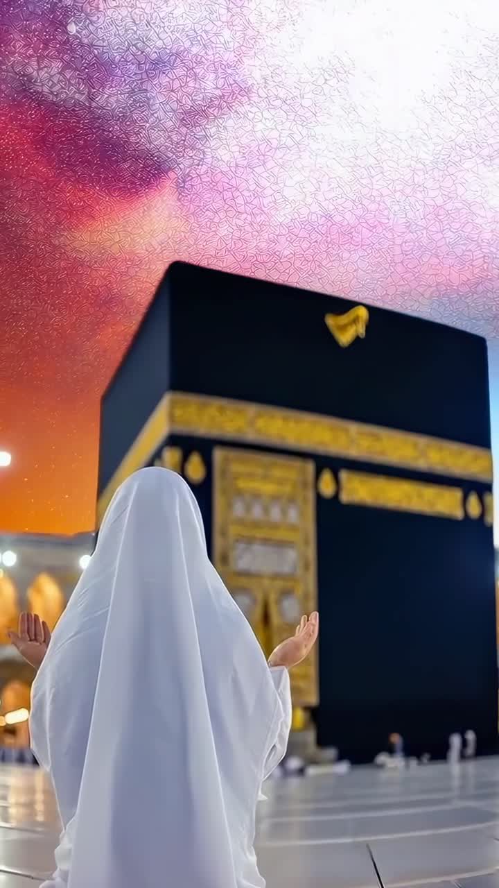 Concetto video ripreso dal basso di una persona che prega di notte, con un cielo stellato sopra un sito sacro.