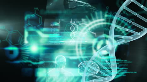 dna structure spinning and chemical structures against screens on medical data processing