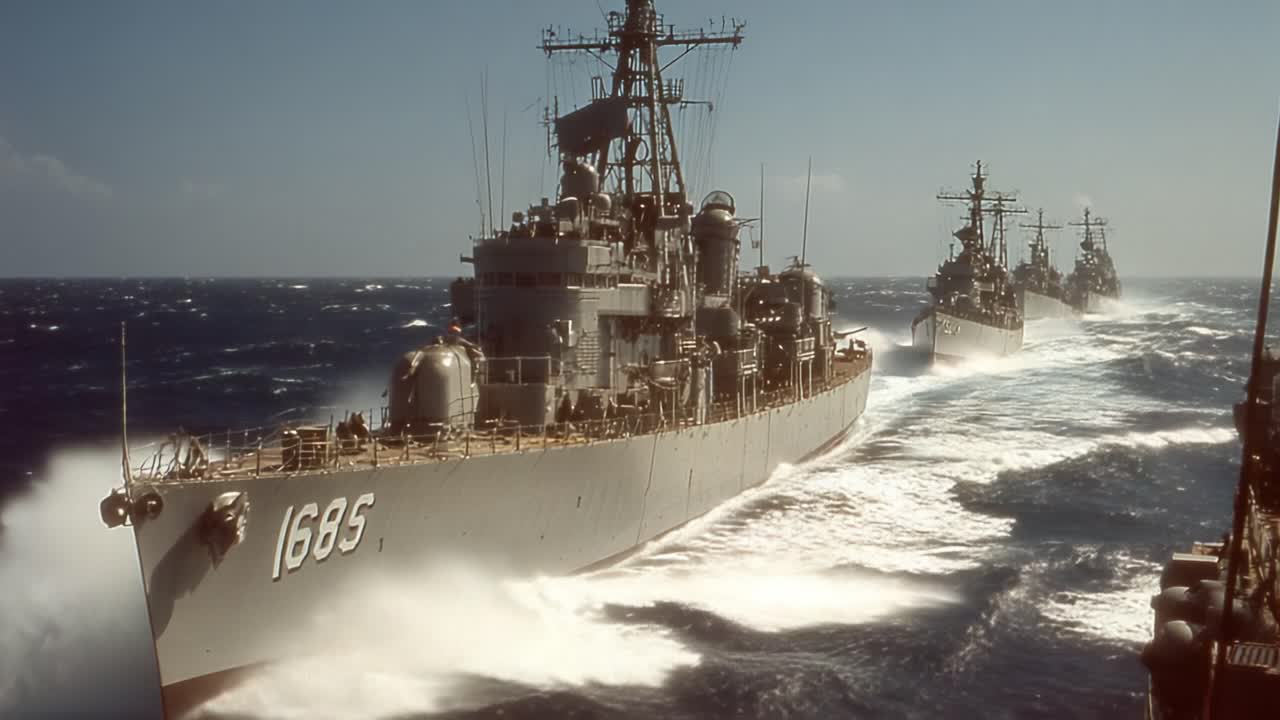 A Fleet of Warships Navigating Through Turbulent Seas, Showcasing Their Powerful Presence and Maritime Strength Amidst Ocean Waves and Clear Skies