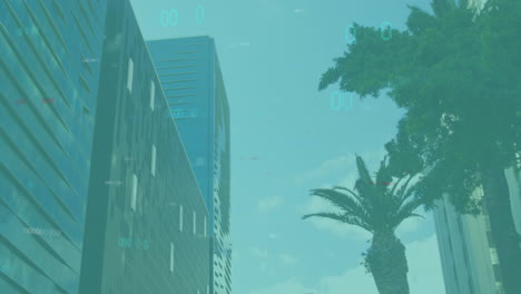 animation of financial data processing over cityscape