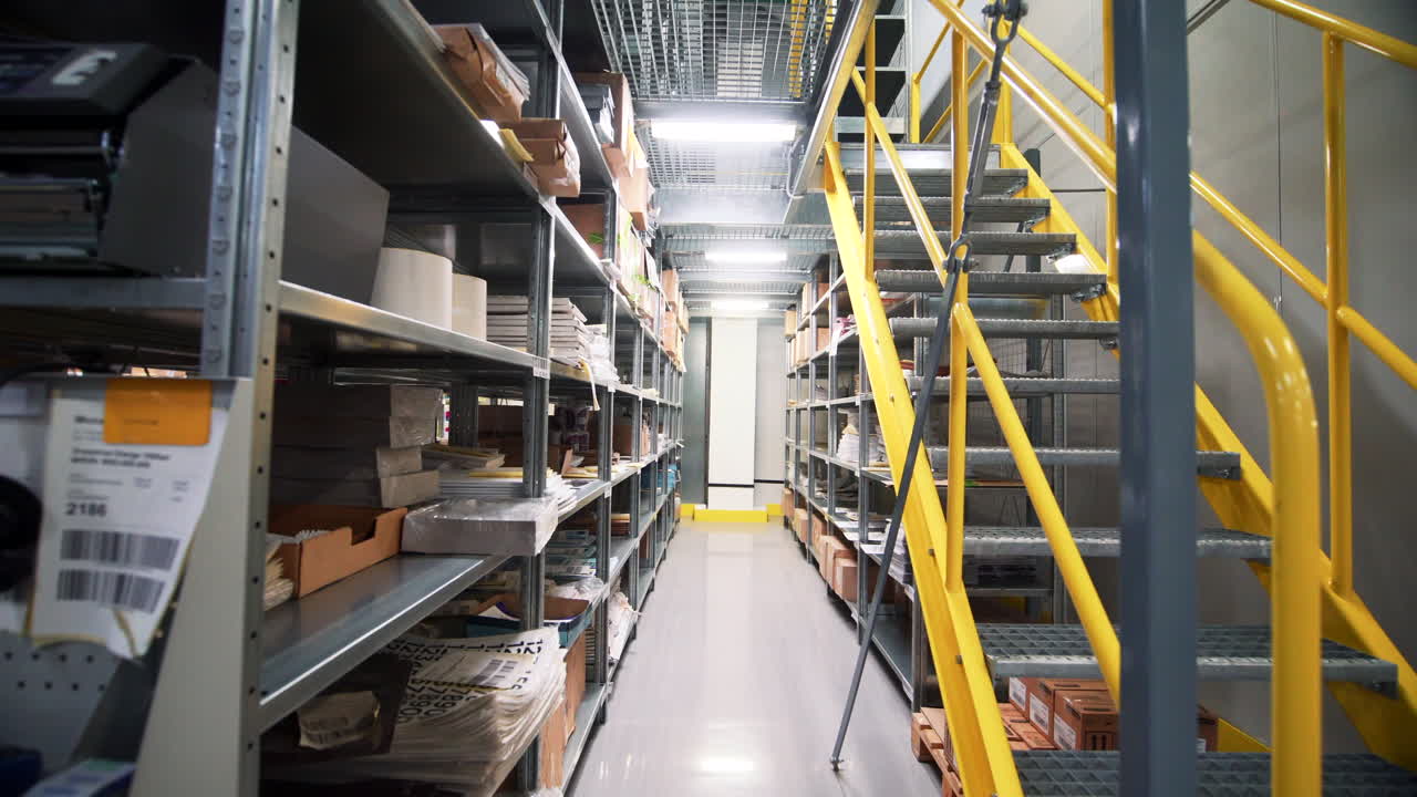 Warehouse Interior with Metal Shelving