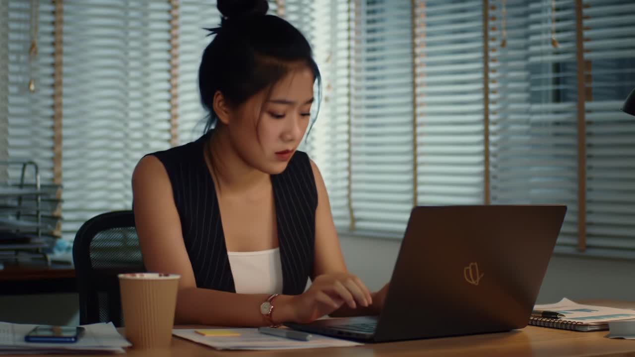 Focused Professional Working Late at Night on a Laptop in a Well-Lit Office Environment, Surrounded by Papers and a Coffee Cup, Capturing the Essence of Productivity and Dedication