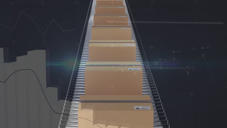animación del procesamiento de estadísticas sobre cajas de cartón en cinta transportadora sobre fondo negro