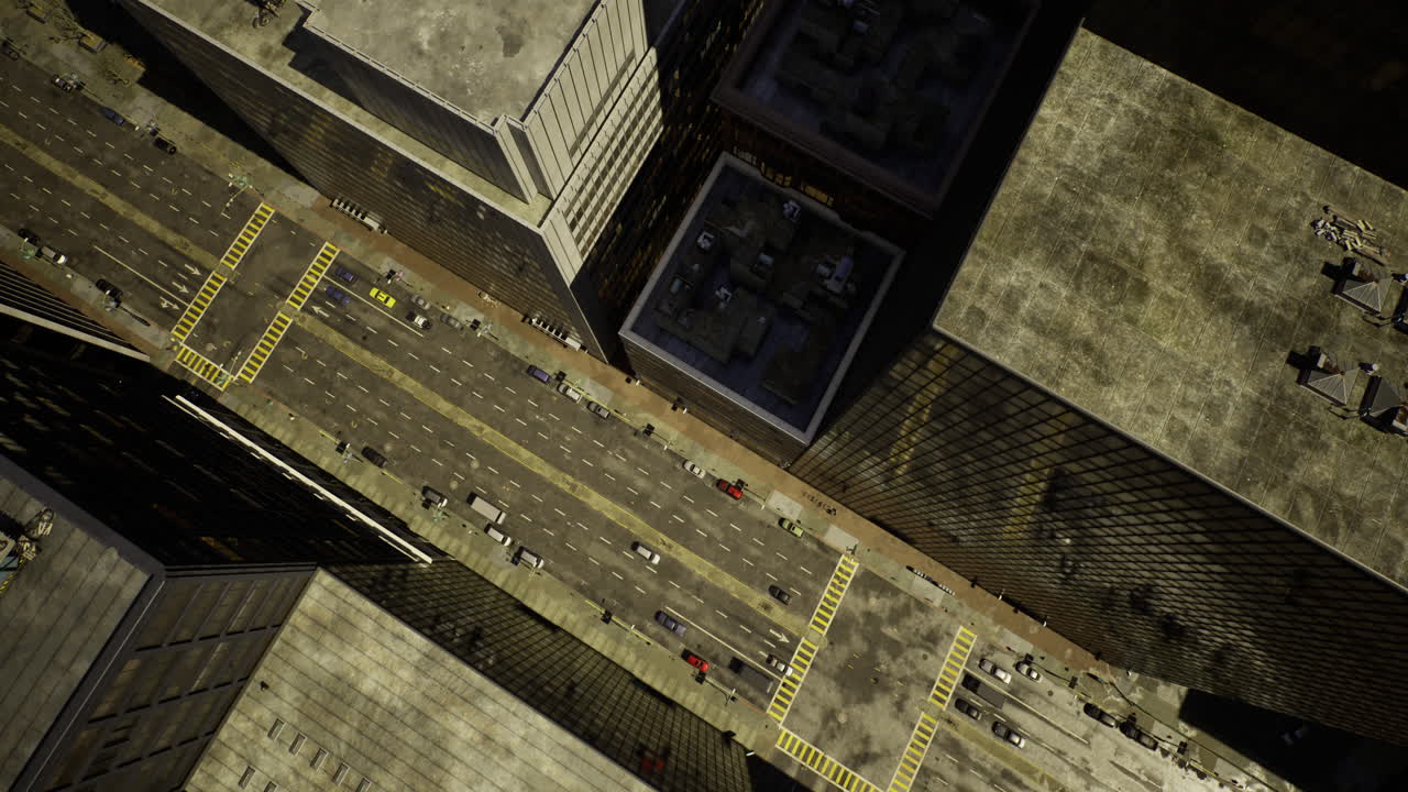 Elevated view of a busy city street with tall buildings and vehicles