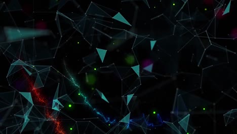 animación de redes brillantes de puntos conectados y senderos coloridos flotando sobre un fondo negro