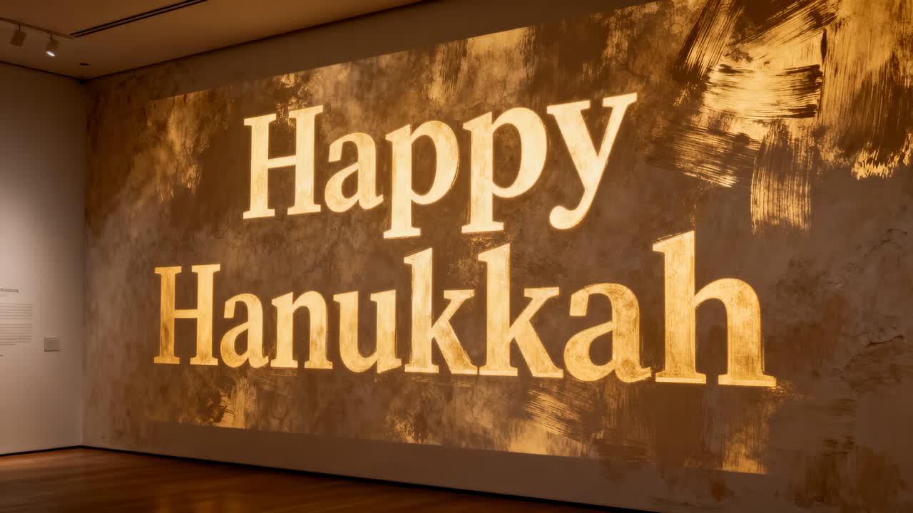 Operator moving camera forward and panning wall, showing Happy Hanukkah projection and plaques