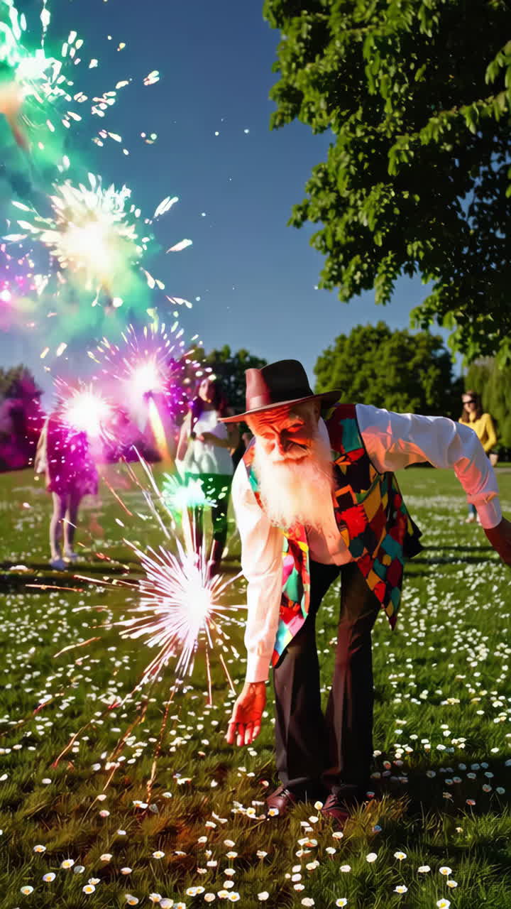 hombre mayor en el parque con fuegos artificiales y amigos