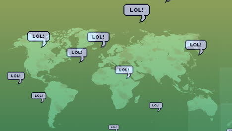 animation of lol text in speech bubbles over map against gradient background