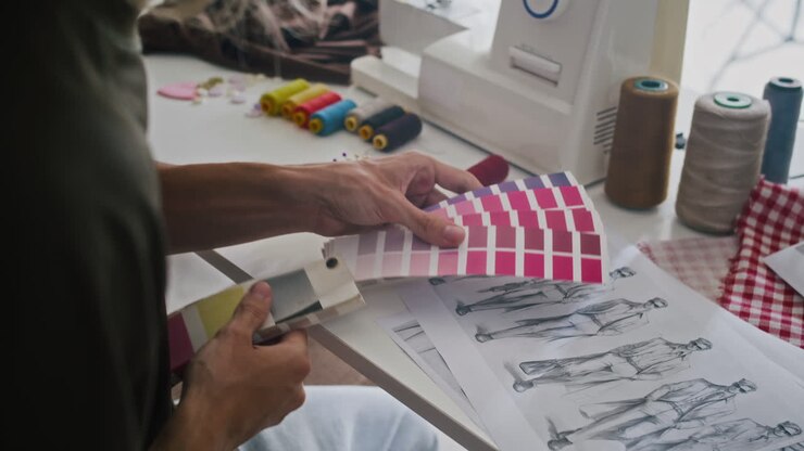 Mãos de um(a) estilista analisando a paleta com possíveis cores para as peças de roupa
