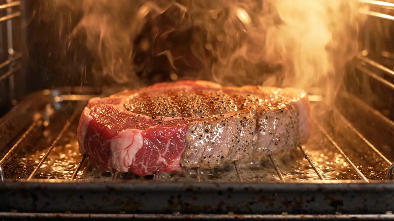 Deliziosa bistecca di ribeye cruda che cuoce nel forno