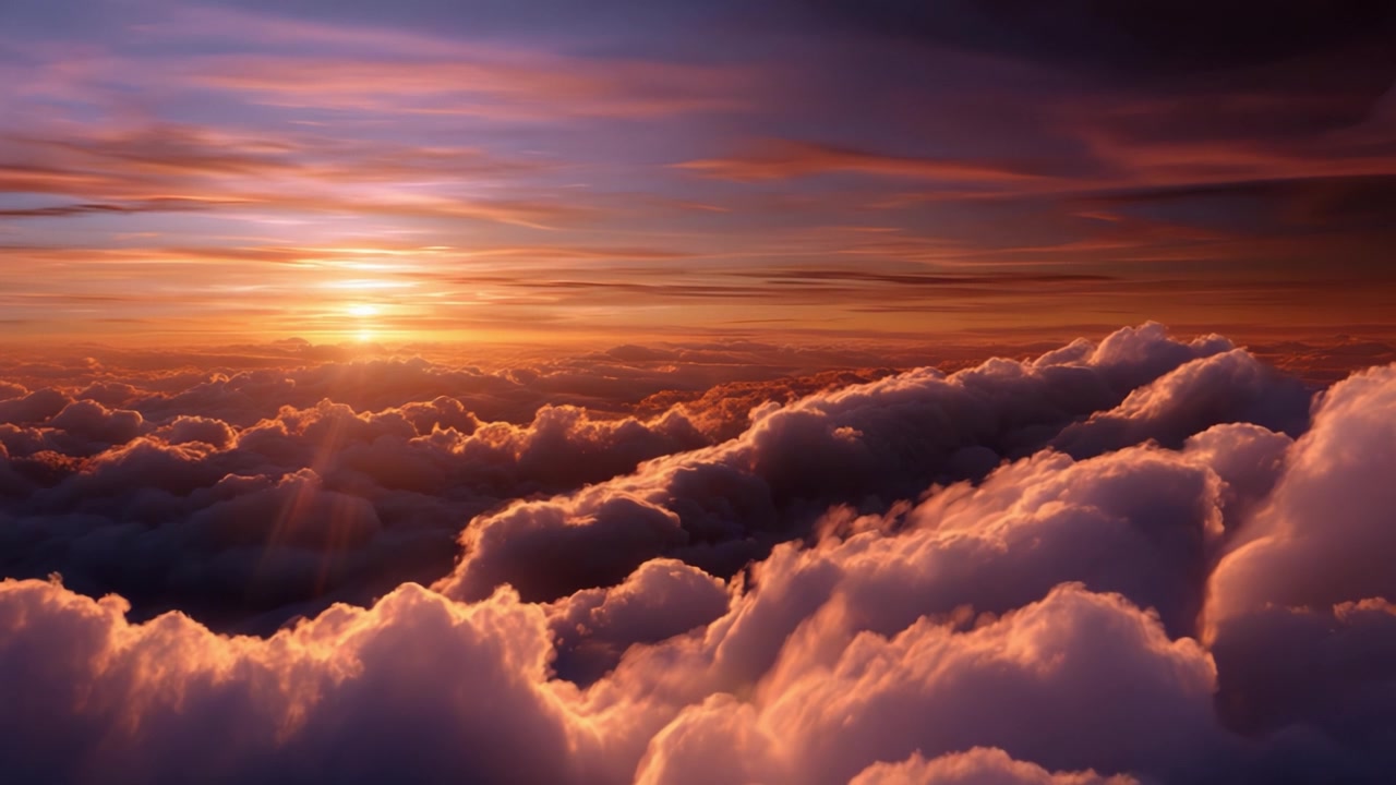 Uno splendido tramonto su un mare di nuvole con colori vivaci e una luce soffusa che luccica attraverso l'atmosfera in un paesaggio celeste mozzafiato