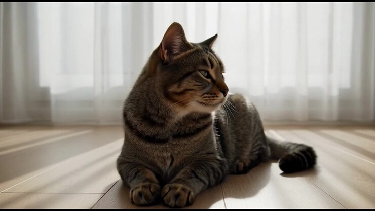 Tabby Cat Resting on Wooden Floor in Sunlit Room