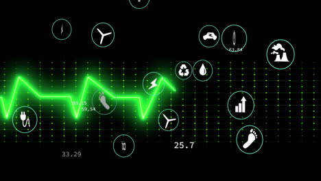 animation of ecology icons with data over cardiograph