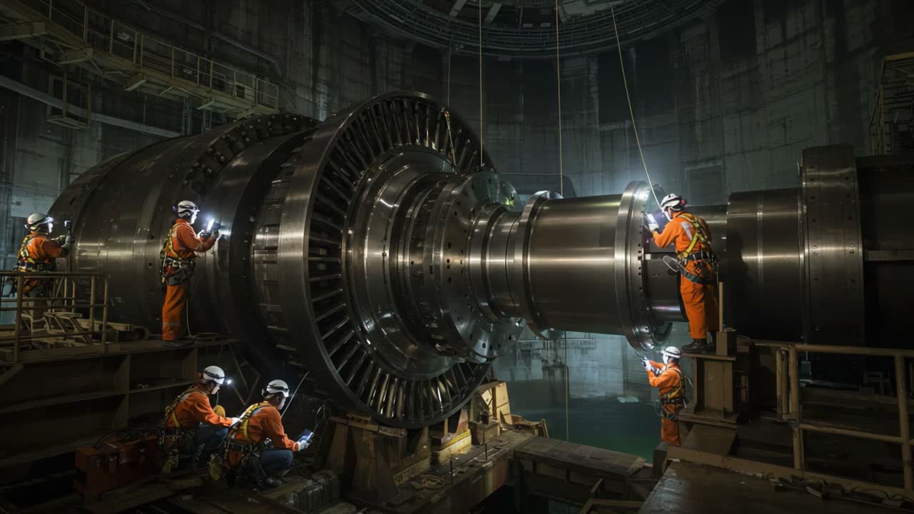 Engineers Collaboratively Overhauling a Massive Turbine in an Industrial Facility, Ensuring Optimal Functionality and Safety in Complex Operations