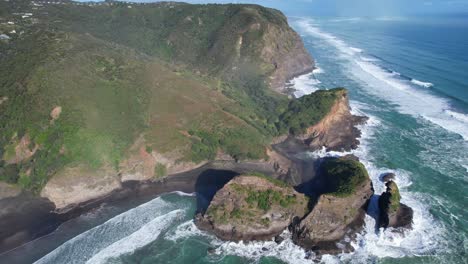 above view of camel rock, taitomo rock on piha beach in auckland region, north island, new zealand