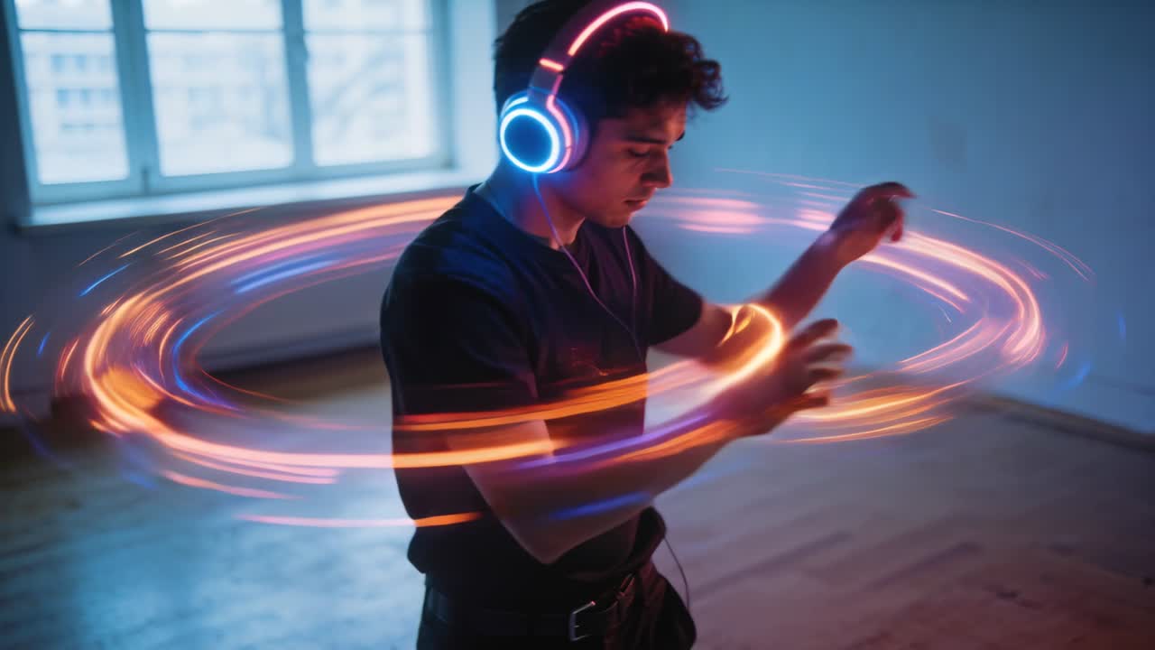Braccio destro in movimento, un uomo con cuffie LED modella anelli di luce che circondano il busto nella stanza, creando arte.