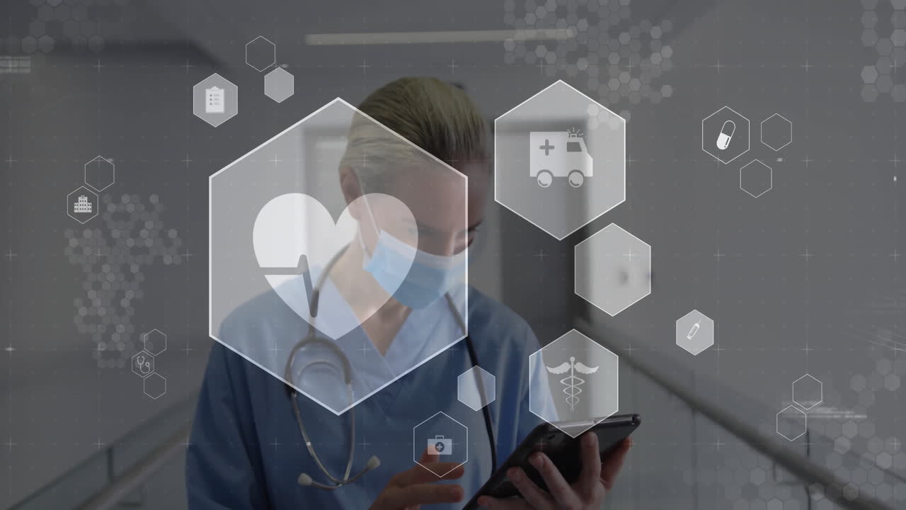 Healthcare nurse using smartphone in hospital corridor, displaying floating hexagonal medical icons