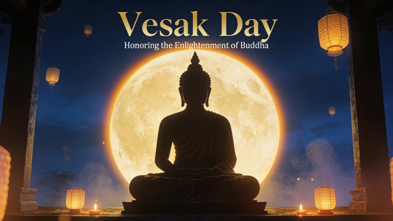 Luna piena che segnala il Vesak Day, silhouette di Buddha seduto all'altare del tempio, con lanterne che salgono.