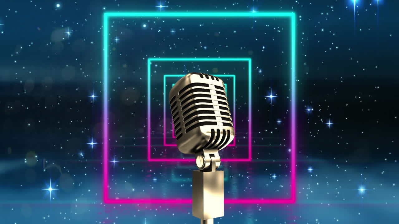 animación del micrófono sobre formas cuadradas de gradiente en un patrón sin costuras y estrellas brillantes