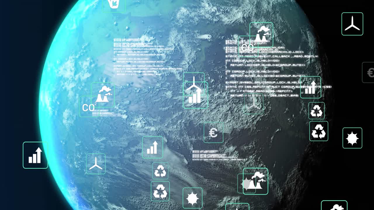Animation of icons, data and globe on black background